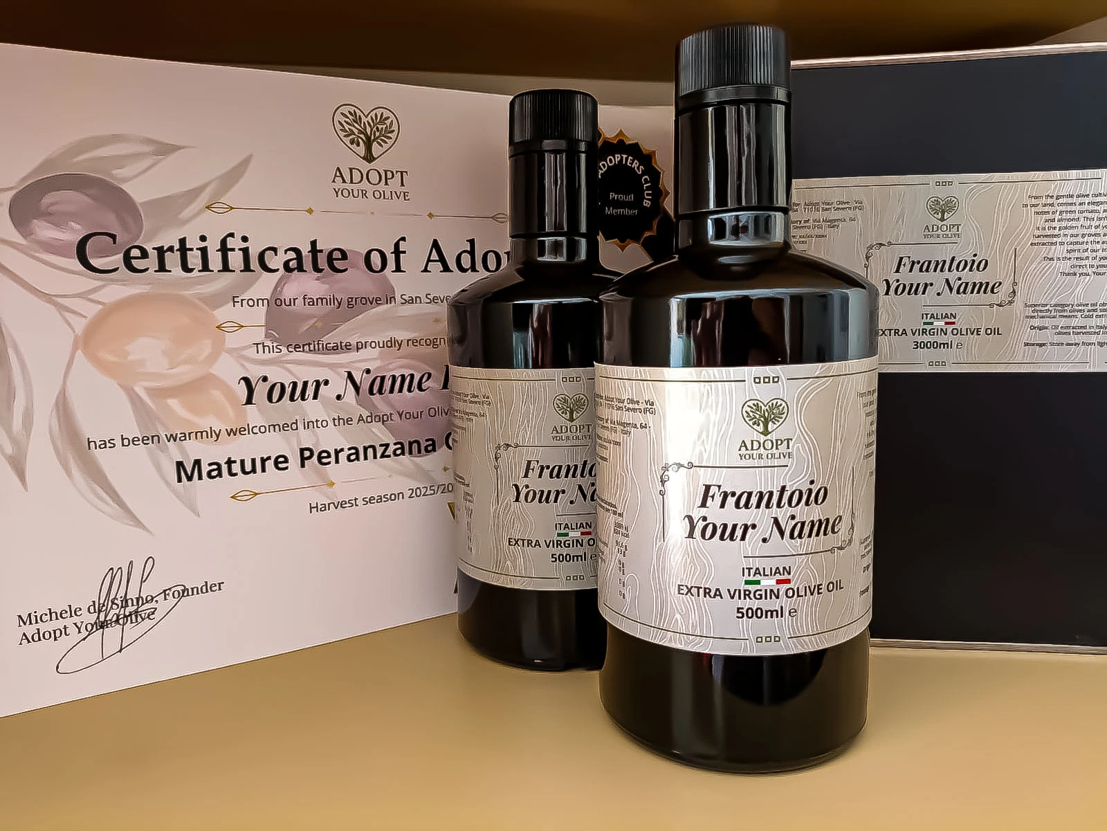 Personalized bottles and certificate